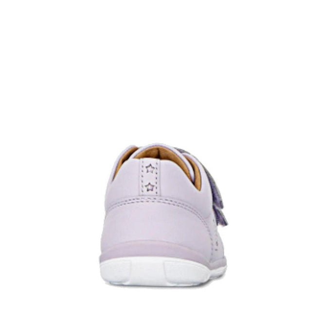 A light purple Clarks Toddlers Macy Lilac Leather Trainer with a white sole is shown from the back on a plain white background. This kids’ leather sneaker features stitching details and a low-cut design for comfort., 9336078203618, 9336078203656, 9336078203694, 9336078203731, 9336078203779