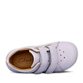 The Clarks Toddlers Macy Lilac Leather Trainer features two velcro straps, star cutouts on the toe, and a tan insole with the Clarks logo—a comfortable and stylish light purple sneaker for kids., 9336078203618, 9336078203656, 9336078203694, 9336078203731, 9336078203779