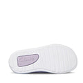 The image shows the sole of the Clarks Toddlers Macy Lilac Leather Trainer, a comfortable kids’ sneaker with a white textured pattern and a light purple rectangular heel section embossed with the Clarks logo., 9336078203618, 9336078203656, 9336078203694, 9336078203731, 9336078203779