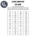 The Clarks Kids Chelsea II Youths Leather Boot Lilac size guide shows UK, EU, US, and CM sizes. Add 1.5 cm to your child's foot length for growing room—the CM size is inside the shoe. Ideal for picking this genuine leather Chelsea boot., 9336078964304, 9336078964311, 9336078964328, 9336078964335, 9336078964342, 9336078964359, 9336078964366, 9336078964373, 9336078964380, 9336078964397, 9336078964403, 9336078964410