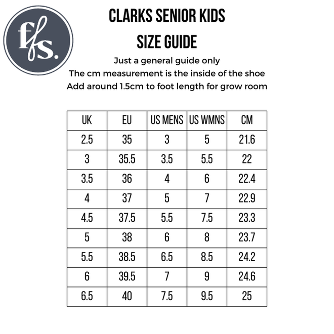 Clarks - Samara Toddlers Gold Leather Sandal D Narrow Width size guide: UK, EU, US Mens, US Womens & CM sizes. Great for finding the right fit—add 1.5cm to foot length for grow room. f/s logo in upper left corner., 40532, 9336078234926, 9336078234940, 9336078234964, 9336078234988, 9336078235008, 9336078235022, 9336078235046, 9336078235060
