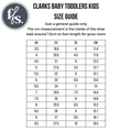 Clarks - Infinity Senior C Narrow width shoe size guide chart with UK, EU, US sizes and inside length in cm. Orthotic friendly for comfort; ffs logo at top left. Add 1.5cm to foot length for growing room., 42197, 9314300438076, 9314300438113, 42200, 9314300438199