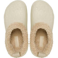 A pair of Crocs Adults Classic Lined Shorty Clog in Sandstone Off White, featuring textured soles and warm tan faux fur lining around the opening, viewed from above., 198445245961, 198445245978, 198445245985, 198445245992, 198445246005, 198445246012, 198445245923, 198445245930