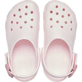 A pair of Crocs Adults Classic Enamel Buckle Clog in Bubble Ice Pink, featuring ventilation holes, adjustable heel straps, and Croslite foam construction, viewed from above., 198445416422, 198445416439, 198445416446, 198445416453, 198445416460, 51509