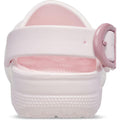 Rear view of the Crocs Adults Classic Enamel Buckle Clog in Bubble Ice Pink, featuring a textured sole, Croslite foam comfort, adjustable strap, and a pink enamel buckle on the right side., 198445416422, 198445416439, 198445416446, 198445416453, 198445416460, 51509