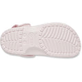 The sole of a Crocs Adults Classic Enamel Buckle Clog Bubble Ice Pink is shown from the bottom, with a textured non-slip tread made of Croslite foam and the Crocs logo plus sizing info embossed in the center., 198445416422, 198445416439, 198445416446, 198445416453, 198445416460, 51509