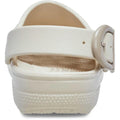 A close-up rear view of the Crocs Adults Classic Enamel Buckle Clog Frappe, showing its thick Croslite foam sole, textured footbed, and a wide back strap with a round buckle on the right for signature Crocs Comfort., 198445415944, 198445415951, 198445415968, 198445415975, 198445415982, 198445415999