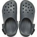 The Crocs Adults Classic Enamel Buckle Clog in Carbon Grey features ventilation holes, an adjustable backstrap, and Croslite foam construction, shown from above., 51696, 198445415715, 198445415722, 198445415739, 51700, 51701, 51696, 198445415715, 198445415722, 198445415739, 198445415746, 51701