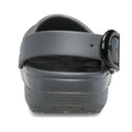 A close-up rear view of the Crocs Adults Classic Enamel Buckle Clog in Carbon Grey, featuring an adjustable backstrap with a black buckle and showcasing its textured sole and heel area., 51696, 198445415715, 198445415722, 198445415739, 51700, 51701, 51696, 198445415715, 198445415722, 198445415739, 198445415746, 51701