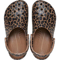 A pair of Crocs Adults Classic Animal Clog in sepia leopard print, featuring a black and dark brown pattern, shown from above., 53072, 198445262883, 198445262890, 198445262906, 198445262913, 53077, 53078