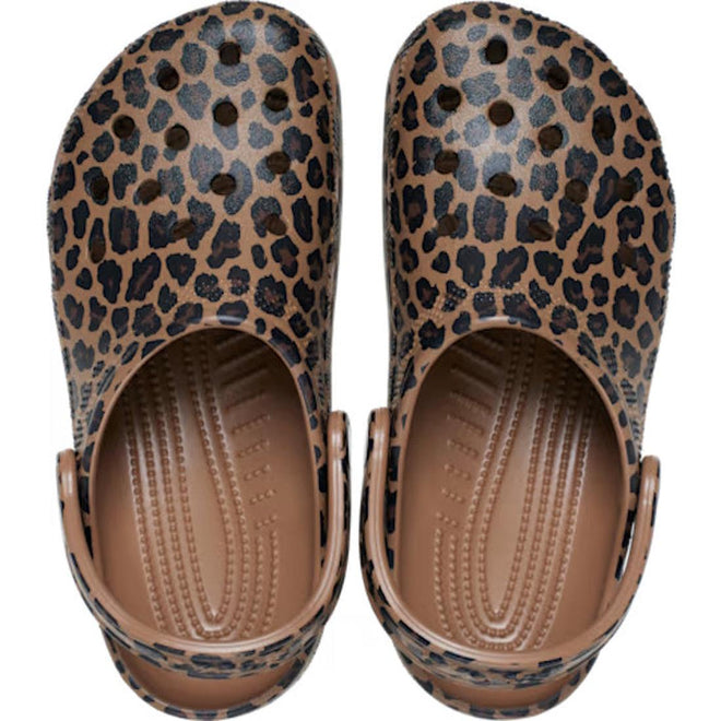 A pair of Crocs Adults Classic Animal Clog in sepia leopard print, featuring a black and dark brown pattern, shown from above., 53072, 198445262883, 198445262890, 198445262906, 198445262913, 53077, 53078