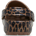 A close-up of the back of the Crocs Adults Classic Animal Clog in Sepia Leopard Print showcases its lightweight clog-style design, featuring a black and tan leopard pattern, an adjustable strap, and customization options with Jibbitz charms for added personal flair., 53072, 198445262883, 198445262890, 198445262906, 198445262913, 53077, 53078