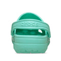 A close-up rear view of the Crocs - Classic Clog Adults Retro Green shows the heel strap and Crocs branding above the heel—these lightweight, comfortable unisex clogs are ideal for everyday use., 51783, 198445410260, 198445410277, 198445410284, 198445410291, 51788, 51789, 51790, 51791