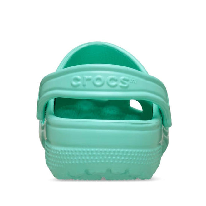 A close-up rear view of the Crocs - Classic Clog Adults Retro Green shows the heel strap and Crocs branding above the heel—these lightweight, comfortable unisex clogs are ideal for everyday use., 51783, 198445410260, 198445410277, 198445410284, 198445410291, 51788, 51789, 51790, 51791