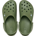 A top view of Crocs Adults Crocband Gum Clog in Cargo Green, made from Croslite foam with ventilation holes, textured insoles, and secure heel straps., 51556, 198445373183, 198445373190, 198445373206, 198445373213, 198445373220, 198445373138, 198445373145, 198445373152, 198445373169