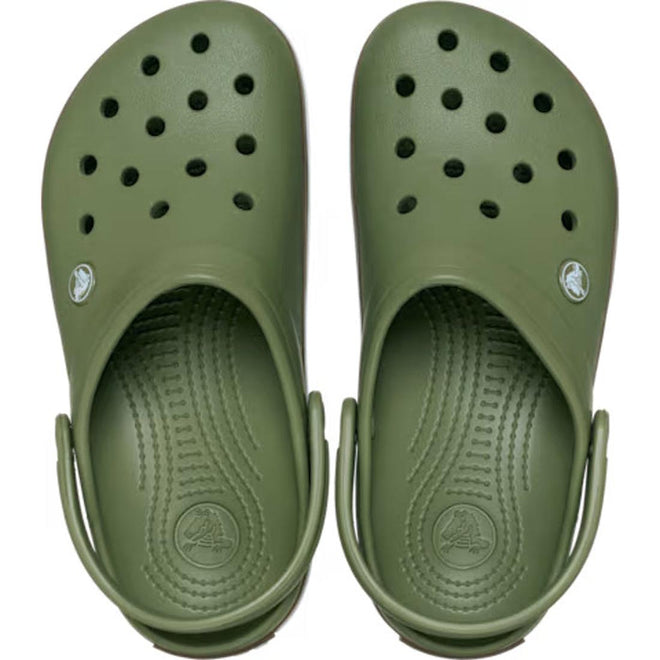 A top view of Crocs Adults Crocband Gum Clog in Cargo Green, made from Croslite foam with ventilation holes, textured insoles, and secure heel straps., 51556, 198445373183, 198445373190, 198445373206, 198445373213, 198445373220, 198445373138, 198445373145, 198445373152, 198445373169
