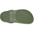 The image displays the sole of the Crocs Adults Crocband Gum Clog in Cargo Green, showcasing textured grip patterns, size markings, and a central Crocs logo—all made from lightweight Croslite foam for comfort., 51556, 198445373183, 198445373190, 198445373206, 198445373213, 198445373220, 198445373138, 198445373145, 198445373152, 198445373169