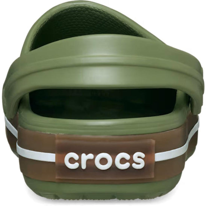 Rear view of the Crocs Adults Crocband Gum Clog in Cargo Green, featuring a brown and white gum rubber heel strap with “crocs” in white and a closed heel design for comfort and support, made from Croslite foam., 51556, 198445373183, 198445373190, 198445373206, 198445373213, 198445373220, 198445373138, 198445373145, 198445373152, 198445373169