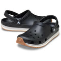 Crocs Adults Crocband Runner Black With Gum Sole: black rubber clogs with ventilation holes, retro sporty design, cushioned comfort, adjustable back strap, and contrast gum sole with white midsole accents.
