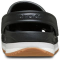 Rear view of the Crocs Adults Crocband Runner Black With Gum Sole, showcasing its retro sporty look with white and gum sole, cushioned comfort, adjustable heel strap, and Crocs branding embossed on the back., 51519, 198445411526, 198445411533, 198445411540, 198445411557, 198445411564, 198445411458, 198445411465, 51527