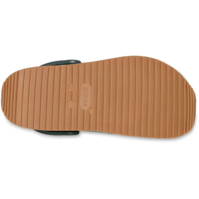 The image shows the bottom view of the Crocs Adults Crocband Runner Carbon with Gum Sole. It features a ridged, light brown sole with lightweight cushioning, horizontal grooves across its width, and a small rectangular logo area in the center., 51528, 198445411809, 198445411816, 198445411823, 198445411830, 198445411847, 198445411731, 198445411748, 51536