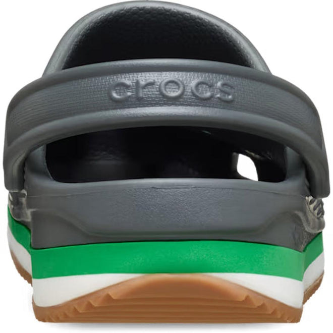 Rear view of Crocs Adults Crocband Runner Carbon With Gum Sole features a green and white stripe above the brown sole, with "CROCS" embossed on the heel strap for a sporty look and lightweight comfort., 51528, 198445411809, 198445411816, 198445411823, 198445411830, 198445411847, 198445411731, 198445411748, 51536