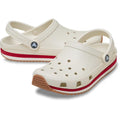 A pair of Crocs Adults Crocband Runner Summit White clogs featuring a red stripe above the tan sole, ventilation holes, pivoting heel strap, and lightweight cushioning inspired by retro sneakers.