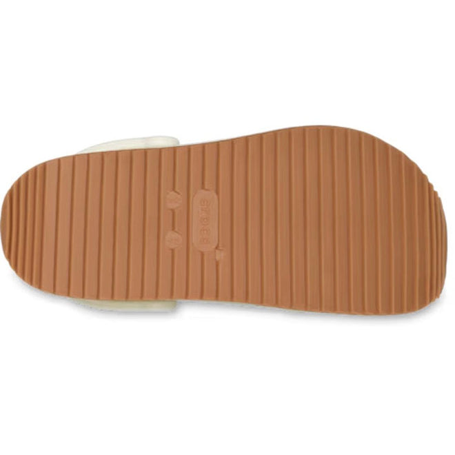 The image shows the bottom view of a Crocs Adults Crocband Runner Summit White shoe sole, featuring a ribbed, textured brown tread and the Crocs logo embossed in the center, reminiscent of retro sneakers with lightweight cushioning., 198445412417, 198445412424, 198445412431, 198445412448, 198445412455, 198445412462, 198445412356, 198445412363, 51545