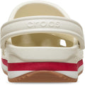 Rear view of the Crocs Adults Crocband Runner Summit White, featuring a red stripe on the sole, brown outsole, retro sneaker-inspired design, adjustable heel strap, side ventilation holes, and lightweight cushioning for comfort., 198445412417, 198445412424, 198445412431, 198445412448, 198445412455, 198445412462, 198445412356, 198445412363, 51545