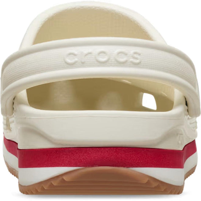 Rear view of the Crocs Adults Crocband Runner Summit White, featuring a red stripe on the sole, brown outsole, retro sneaker-inspired design, adjustable heel strap, side ventilation holes, and lightweight cushioning for comfort., 198445412417, 198445412424, 198445412431, 198445412448, 198445412455, 198445412462, 198445412356, 198445412363, 51545