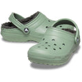 A pair of Moss green Adults Crocs classic lined clogs with a furry lining visible from the side.,
