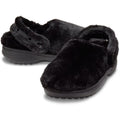 The Crocs Adults Unfurgettable Lined Clog Black Fluffy features cozy black faux fur, adjustable heel straps, and textured rubber soles in a comfy Classic Unfurgettable Clog style, shown on a white background.