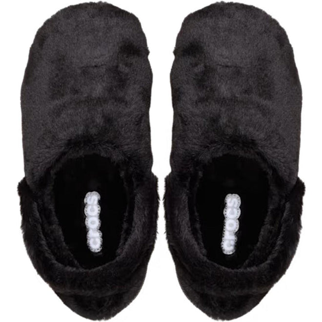 A pair of Crocs Adults Unfurgettable Lined Clog Black Fluffy slippers with visible logo on the insole, shown from above on a white background—ideal for cozy comfort and inspired by the Classic Unfurgettable Clog., 198445190681, 198445190698, 198445190704, 198445190711, 198445190728, 198445190735, 198445190643, 198445190650, 198445190667, 198445190674