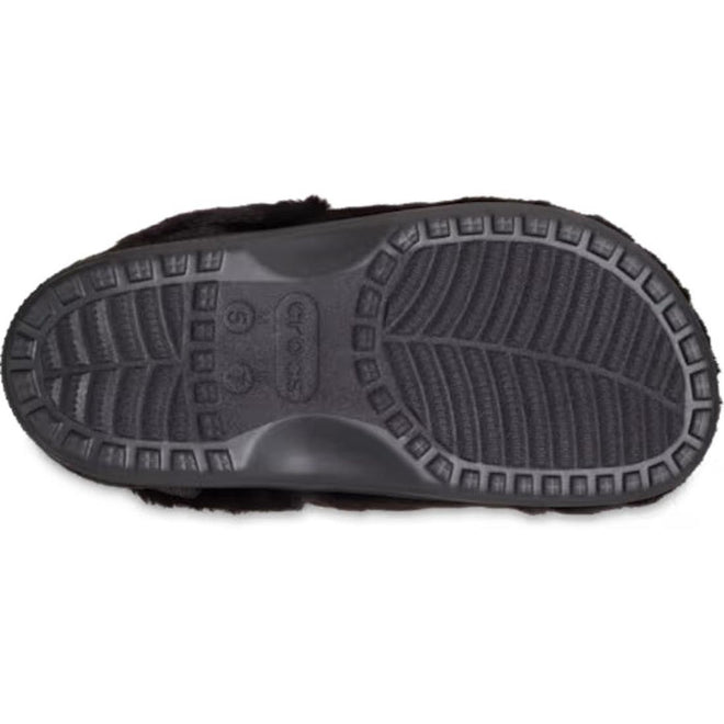 Bottom view of the Crocs Adults Unfurgettable Lined Clog Black Fluffy sole, showing a textured tread with traction grooves, size markings 6 7 8, and the Crocs logo at center for stylish, cozy comfort., 198445190681, 198445190698, 198445190704, 198445190711, 198445190728, 198445190735, 198445190643, 198445190650, 198445190667, 198445190674