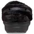 A close-up front view of the Crocs Adults Unfurgettable Lined Clog Black Fluffy, showcasing its plush fuzzy lining for cozy comfort and a black strap embossed with the Crocs logo., 198445190681, 198445190698, 198445190704, 198445190711, 198445190728, 198445190735, 198445190643, 198445190650, 198445190667, 198445190674