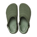 A pair of Crocs Mens Yukon Vista II LR LiteRide Clogs in Army Green, featuring faux leather uppers, adjustable back straps, and light green textured LiteRide insoles, viewed from above., 48486, 48487, 198445103926, 198445103841, 198445103858, 198445103865, 198445103872