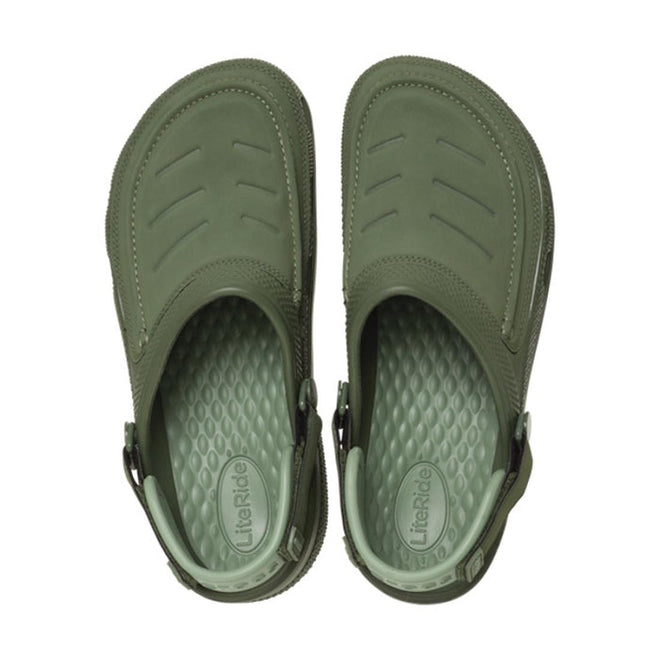 A pair of Crocs Mens Yukon Vista II LR LiteRide Clogs in Army Green, featuring faux leather uppers, adjustable back straps, and light green textured LiteRide insoles, viewed from above., 48486, 48487, 198445103926, 198445103841, 198445103858, 198445103865, 198445103872