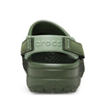 Rear view of the Crocs Mens Yukon Vista II LR LiteRide Clog in Army Green, showing faux leather uppers, a textured sole, Crocs logo heel strap, and a comfort footbed with raised dots., 48486, 48487, 198445103926, 198445103841, 198445103858, 198445103865, 198445103872