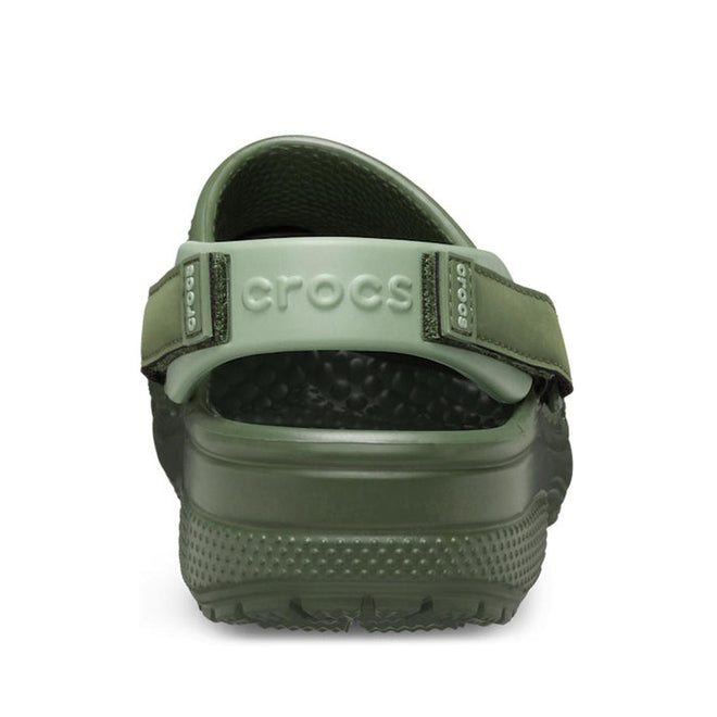 Rear view of the Crocs Mens Yukon Vista II LR LiteRide Clog in Army Green, showing faux leather uppers, a textured sole, Crocs logo heel strap, and a comfort footbed with raised dots., 48486, 48487, 198445103926, 198445103841, 198445103858, 198445103865, 198445103872