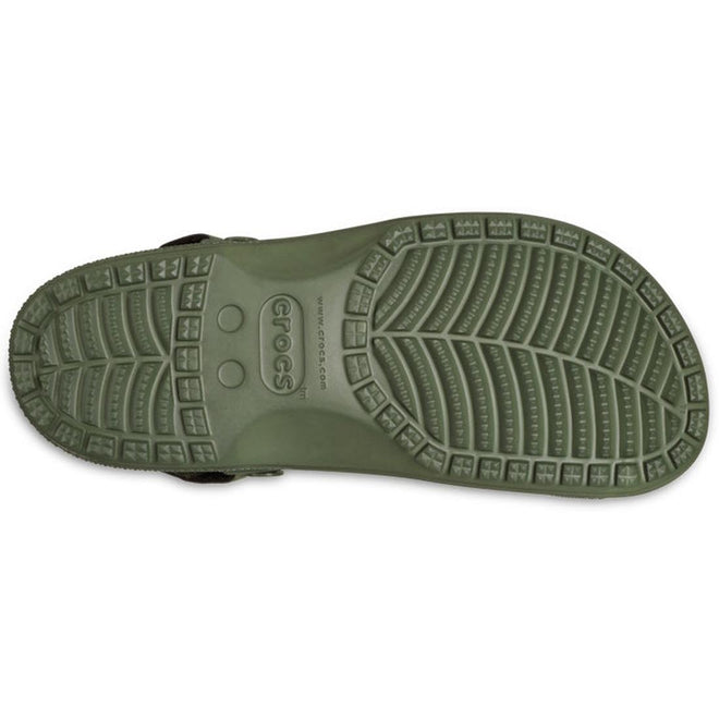 The image displays the sole of the Crocs Mens Yukon Vista II LR LiteRide Clog in Army Green, featuring a textured tread pattern for grip and a centrally placed Crocs logo., 48486, 48487, 198445103926, 198445103841, 198445103858, 198445103865, 198445103872