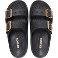 Crocs Womens Classic Metallic Buckle Saturday Sandal Slide Black features two gold adjustable straps per shoe, Crocs Comfort textured insoles, and a white “crocs” logo on the footbeds., 50021, 198445392788, 198445392795, 198445392801, 198445392818, 198445392740, 198445392757