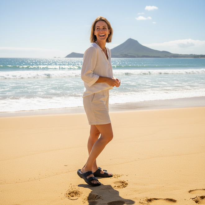A woman stands barefoot on a sandy beach, smiling by the ocean with a mountain behind her—her Crocs Womens Classic Saturday Sandal Slide Black resting nearby under the clear, sunny sky., 198445397332, 198445397349, 198445397356, 198445397363, 198445397370, 198445397301, 198445397318