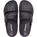 A pair of Crocs Womens Classic Saturday Sandal Slide Black, featuring two adjustable straps and textured insoles for comfort. The white Crocs logo is printed on the footbeds, seen from above., 198445397332, 198445397349, 198445397356, 198445397363, 198445397370, 198445397301, 198445397318