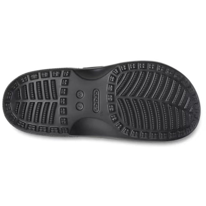 The image displays the tread pattern on the black sole of the Crocs Womens Classic Saturday Sandal Slide Black, featuring textured grooves and the Crocs logo—emphasizing comfort in these popular women’s black slide sandals., 198445397332, 198445397349, 198445397356, 198445397363, 198445397370, 198445397301, 198445397318