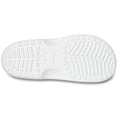 The image shows the sole of the Crocs Womens Classic Saturday Sandal Slide White, featuring a textured tread with rectangular and curved grooves for grip. The Crocs brand name is centered, emphasizing signature Crocs Comfort., 50014, 50015, 198445397431, 198445397448, 198445397455, 50019, 50020