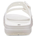 Close-up rear view of the Crocs Womens Classic Saturday Sandal Slide White, featuring Crocs Comfort, an adjustable strap, a textured sole, and size marking C5 inside., 50014, 50015, 198445397431, 198445397448, 198445397455, 50019, 50020