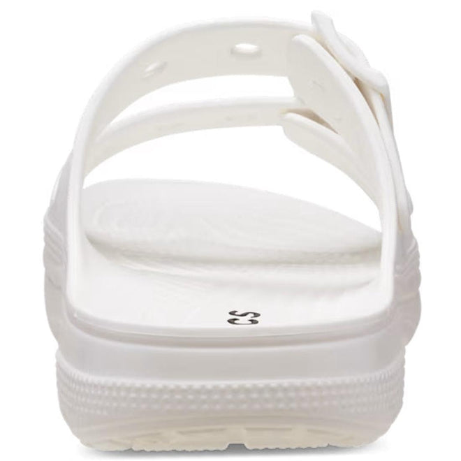 Close-up rear view of the Crocs Womens Classic Saturday Sandal Slide White, featuring Crocs Comfort, an adjustable strap, a textured sole, and size marking C5 inside., 50014, 50015, 198445397431, 198445397448, 198445397455, 50019, 50020