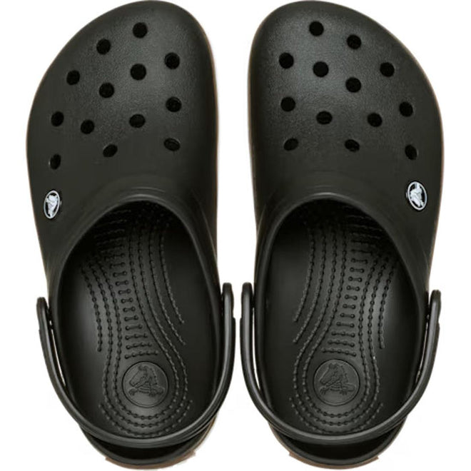 The Crocs Adults Crocband Gum Clog Black Unisex features classic ventilation holes, adjustable heel straps, and signature Croslite foam for comfort, shown from above., 50028, 198445372889, 198445372896, 198445372902, 198445372919, 198445372926, 198445372834, 198445372841, 198445372858, 198445372865