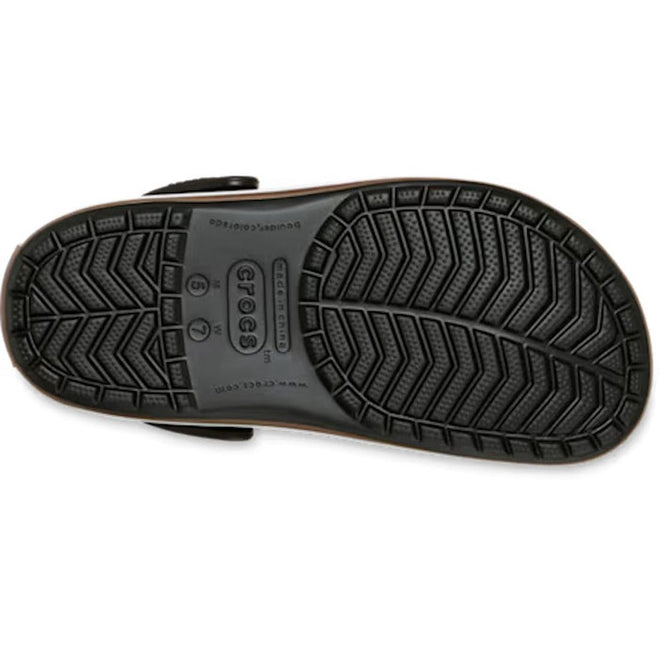The image displays the bottom of a Crocs Adults Crocband Gum Clog Black Unisex, showing its textured, non-slip gum rubber sole with zigzag and dotted tread, plus the Crocs logo, size details, and Croslite foam in the center., 50028, 198445372889, 198445372896, 198445372902, 198445372919, 198445372926, 198445372834, 198445372841, 198445372858, 198445372865