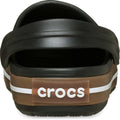 Close-up of the Crocs Adults Crocband Gum Clog Black Unisex, highlighting its Croslite foam comfort, white stripe detail, and "crocs" in white lettering on a brown heel tab., 50028, 198445372889, 198445372896, 198445372902, 198445372919, 198445372926, 198445372834, 198445372841, 198445372858, 198445372865